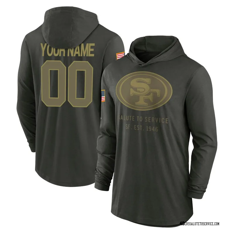 Men's Custom San Francisco 49ers Green Forest/ 2025 Salute to Service Sideline Lightweight Hooded Pullover Long Sleeve T-Shirt