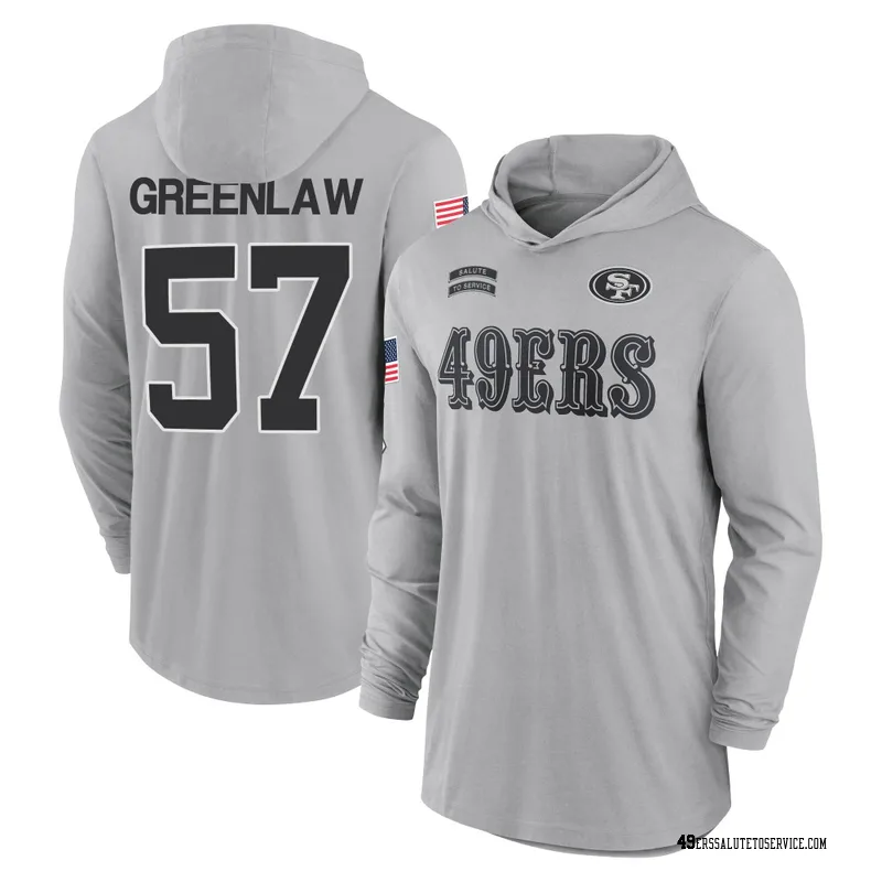 Men's Dre Greenlaw San Francisco 49ers Gray 2024 Salute to Service Lightweight Performance Long Sleeve Hooded T-Shirt