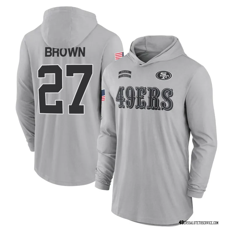 Men's Ji'Ayir Brown San Francisco 49ers Gray 2024 Salute to Service Lightweight Performance Long Sleeve Hooded T-Shirt