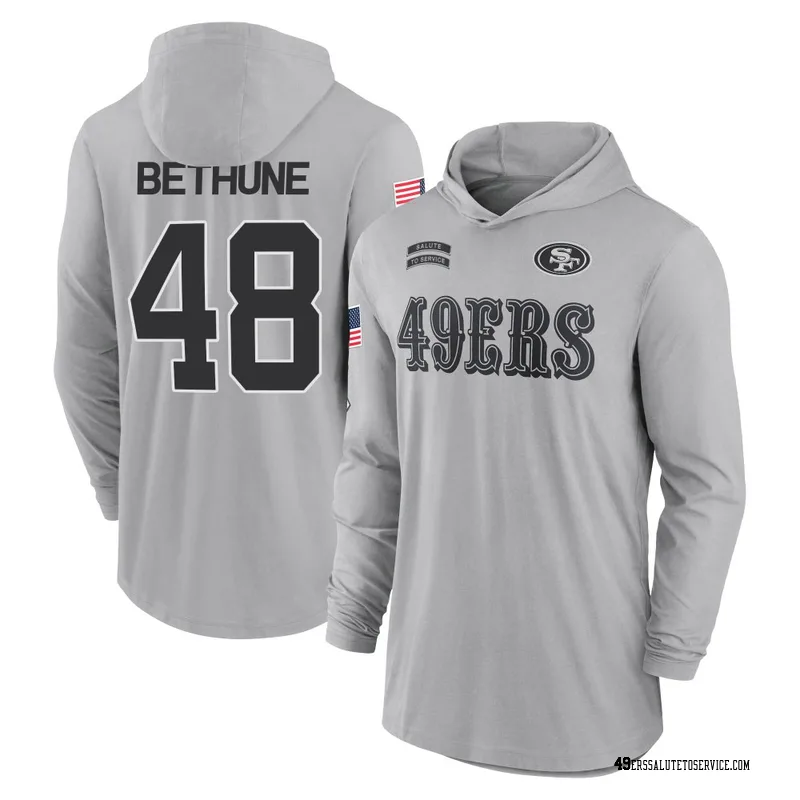 Men's Tatum Bethune San Francisco 49ers Gray 2024 Salute to Service Lightweight Performance Long Sleeve Hooded T-Shirt