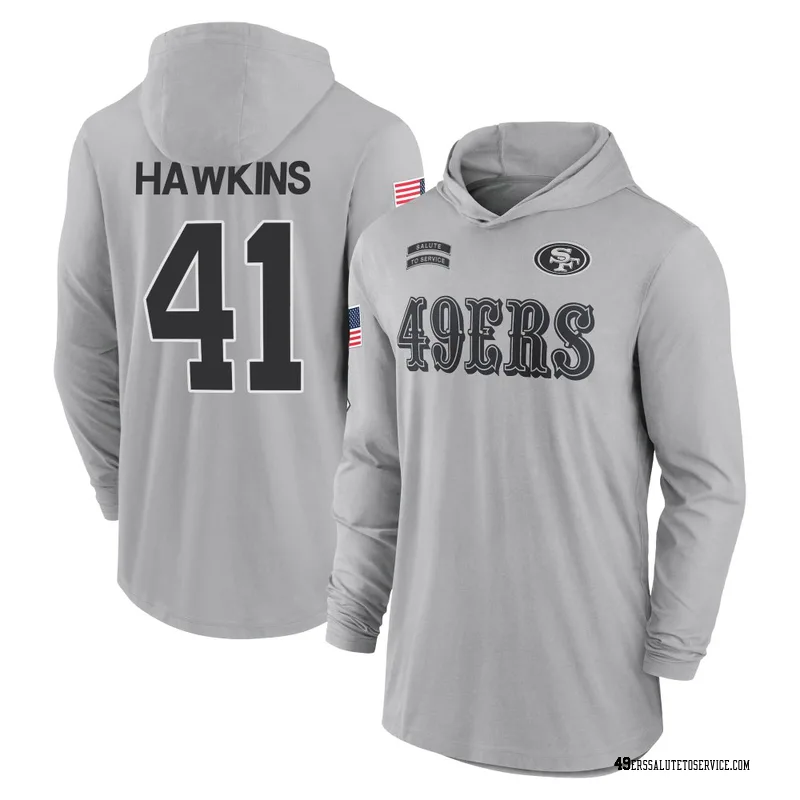 Men's Tayler Hawkins San Francisco 49ers Gray 2024 Salute to Service Lightweight Performance Long Sleeve Hooded T-Shirt