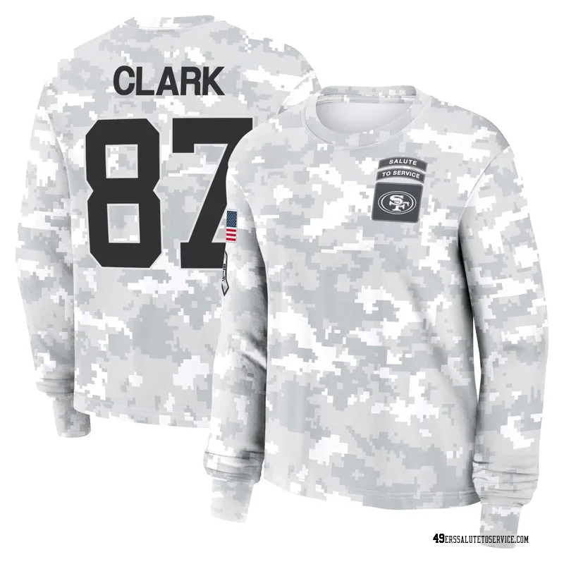Women's Dwight Clark San Francisco 49ers Camo Arctic 2024 Salute to Service Long Sleeve T-Shirt
