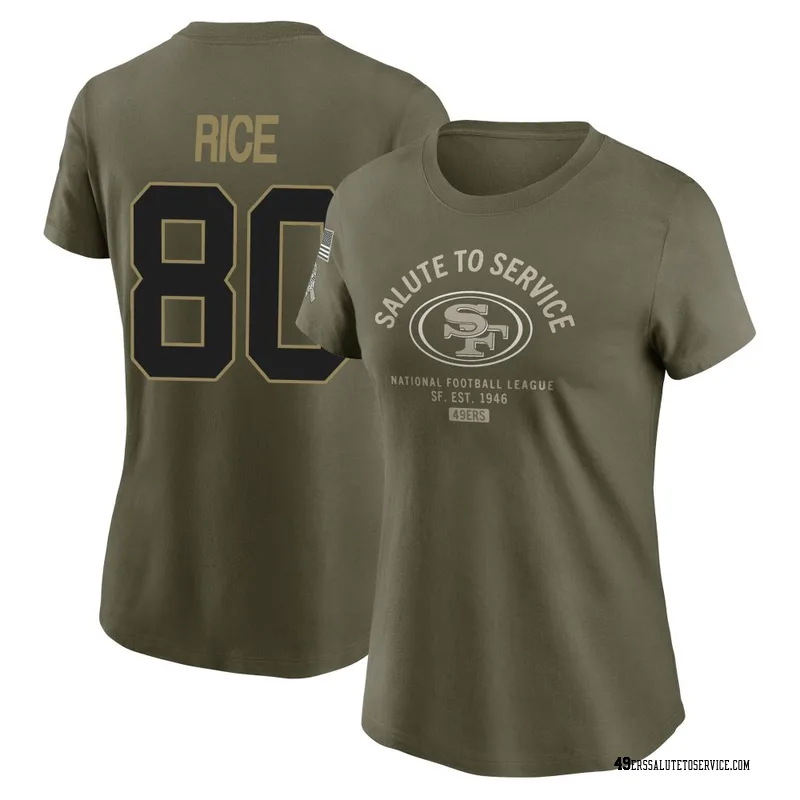 Women's Jerry Rice San Francisco 49ers Olive 2025 Salute to Service Sideline T-Shirt