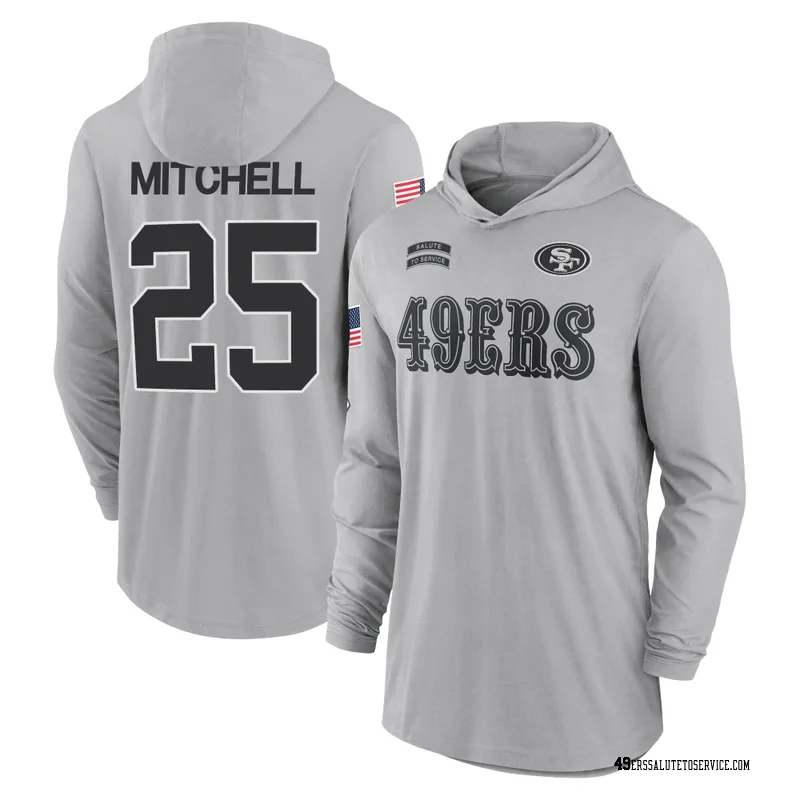 Youth Elijah Mitchell San Francisco 49ers Gray 2024 Salute to Service Lightweight Performance Long Sleeve Hooded T-Shirt