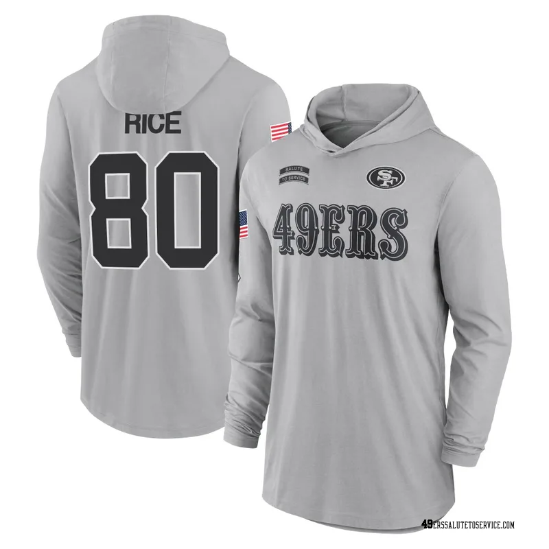 Youth Jerry Rice San Francisco 49ers Gray 2024 Salute to Service Lightweight Performance Long Sleeve Hooded T-Shirt