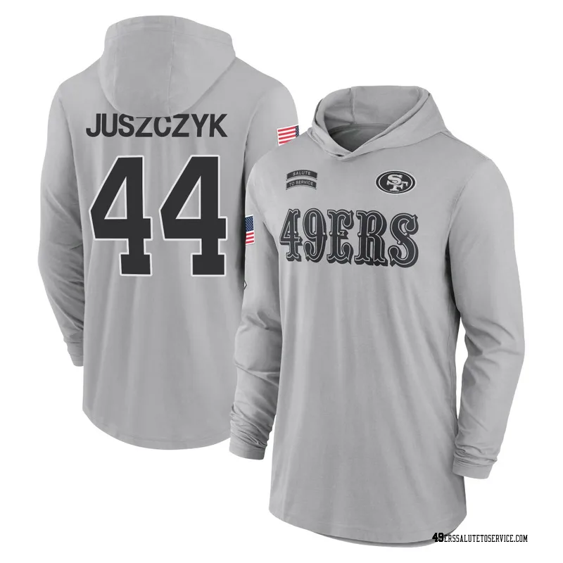 Youth Kyle Juszczyk San Francisco 49ers Gray 2024 Salute to Service Lightweight Performance Long Sleeve Hooded T-Shirt